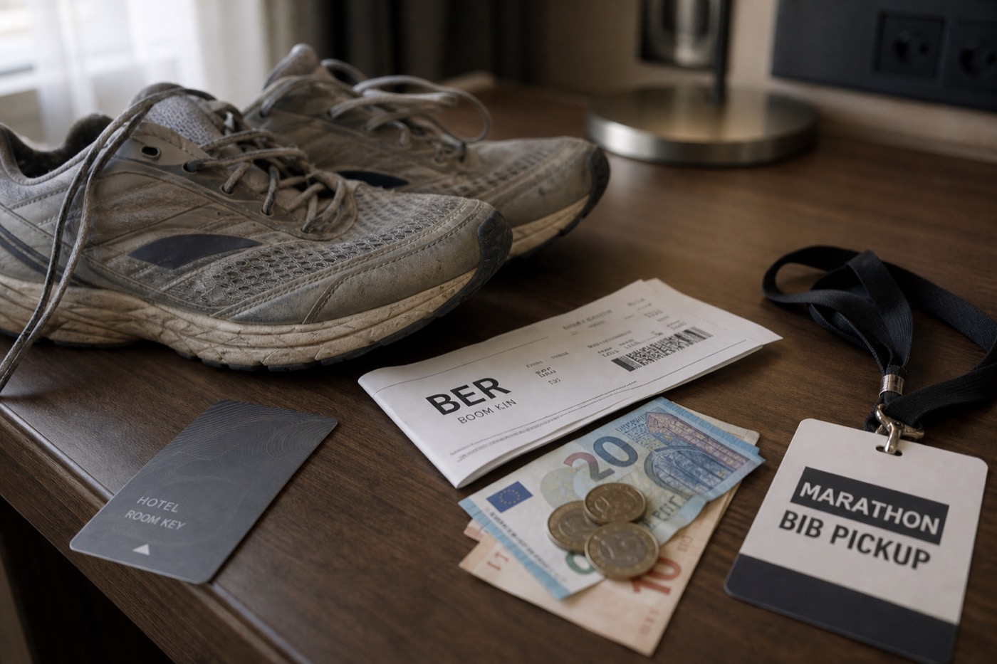 Running shoes, a hotel key card, a BER boarding pass and Euro notes laid out on a hotel desk.
