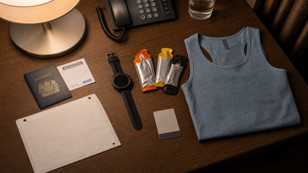 Passport, boarding pass, gels and race kit laid out the night before an overseas marathon.