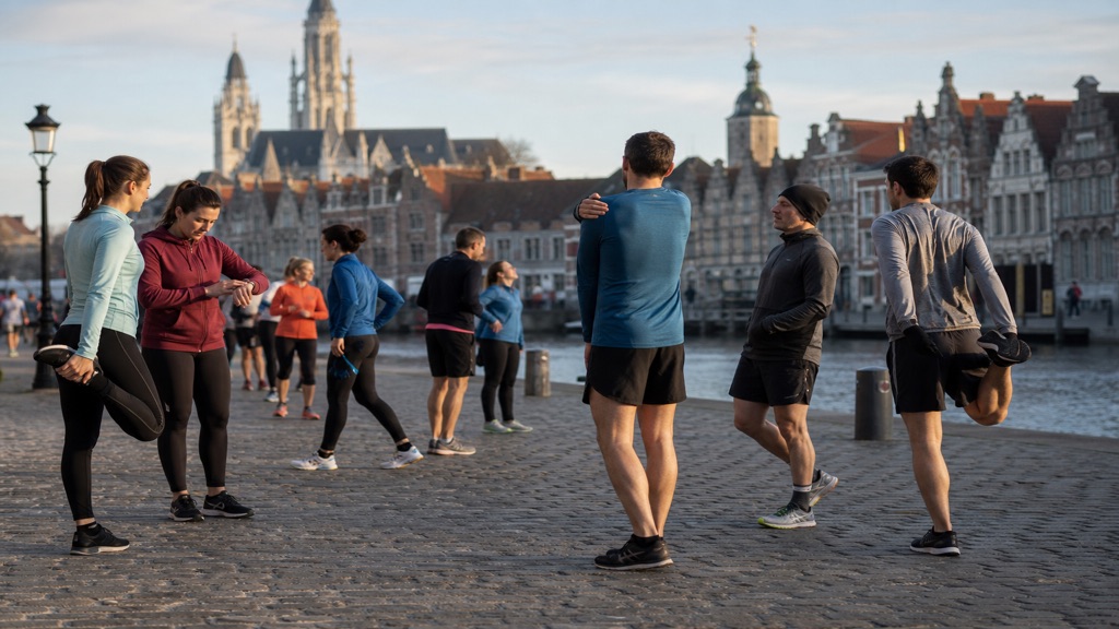 Runners warming up at dawn on a European city plaza before a short-haul marathon.