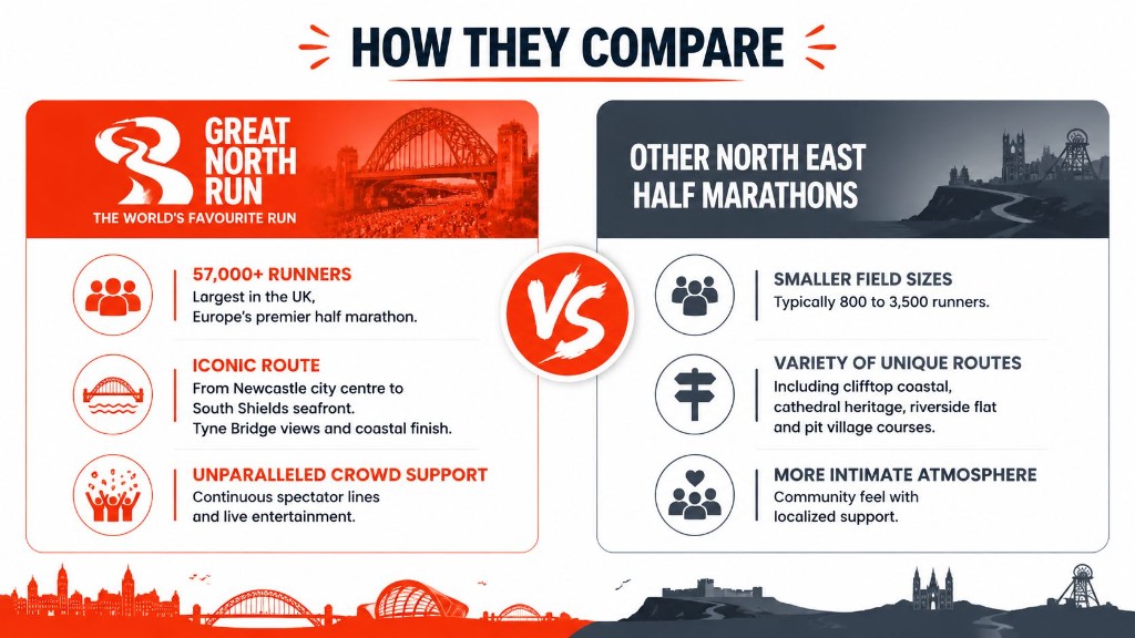 How the Great North Run compares with other North East half marathons: field size, route and crowd support.