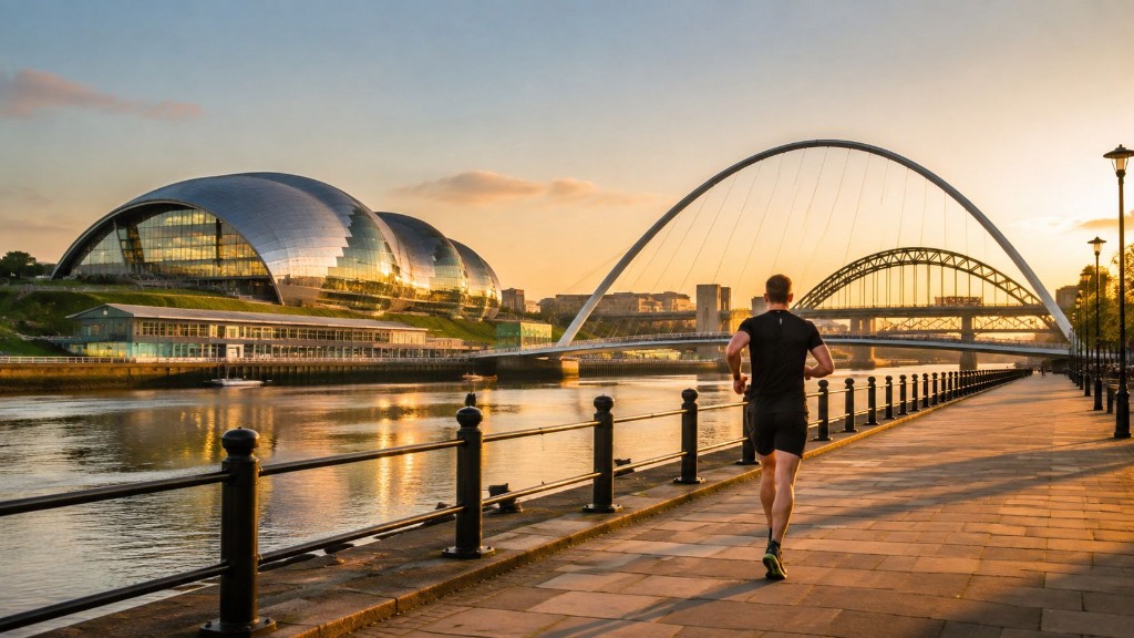 A runner on the Newcastle Quayside with The Glasshouse and the Gateshead Millennium Bridge at golden hour.