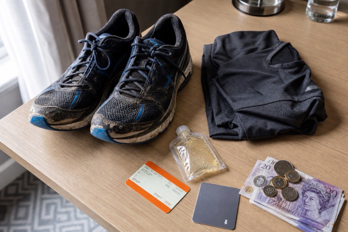 Running shoes, a hotel key card, a train ticket and UK cash laid out on a hotel desk.