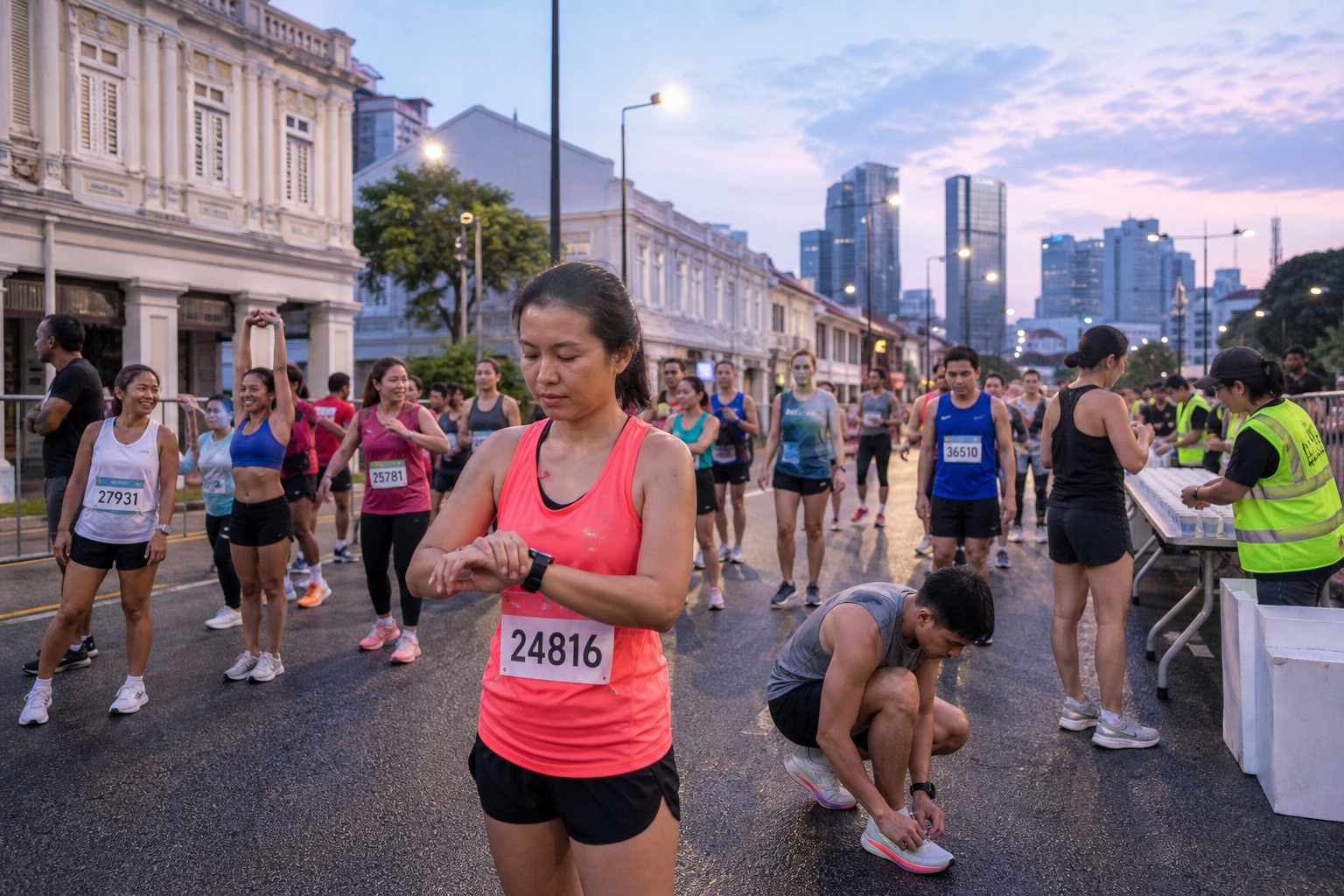 Mixed-gender runners warming up at pre-dawn on a closed Southeast Asian city street before a marathon start