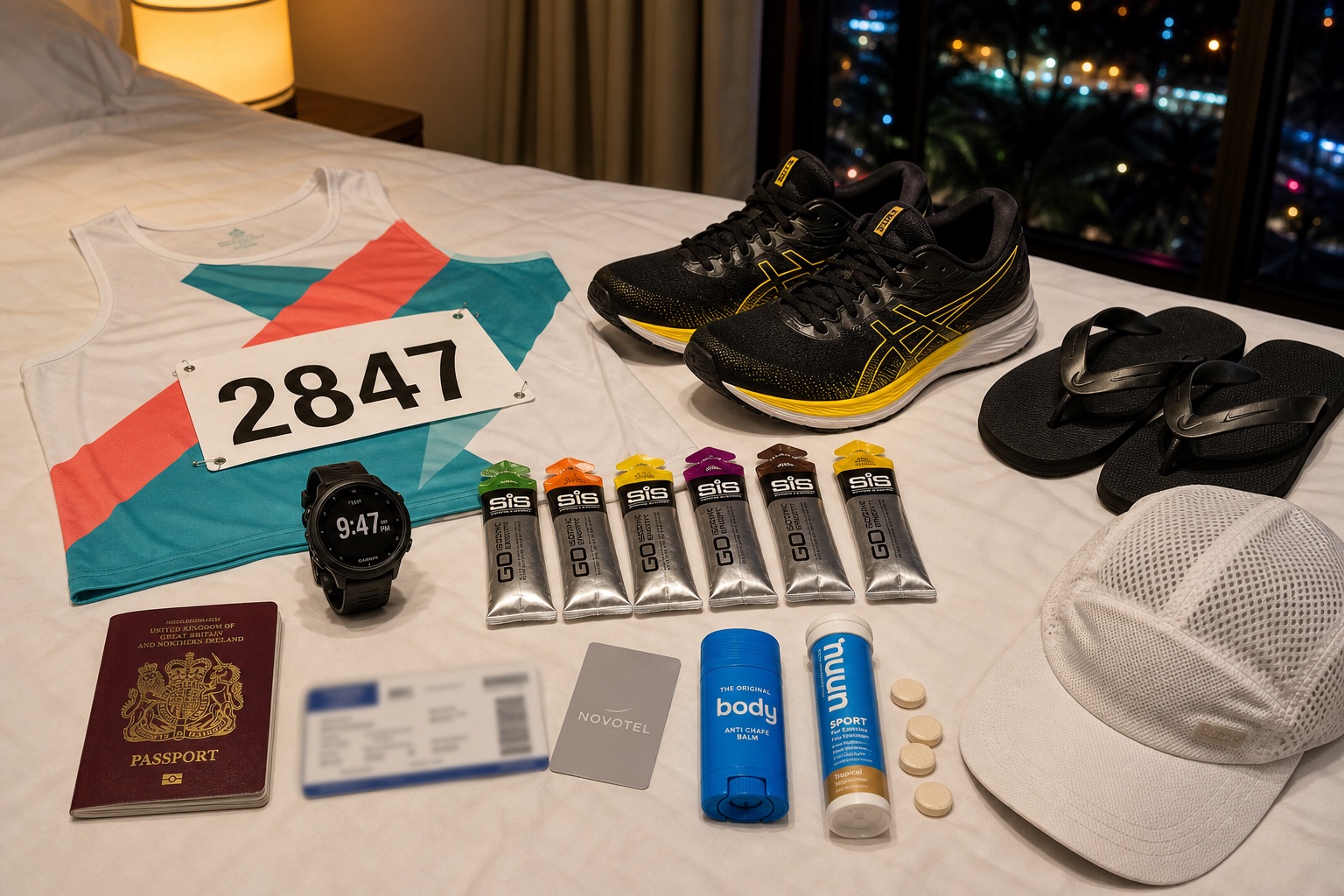 Marathon kit laid out on a hotel bed the evening before an early Southeast Asia start — singlet, bib, six gels, shoes and UK passport.
